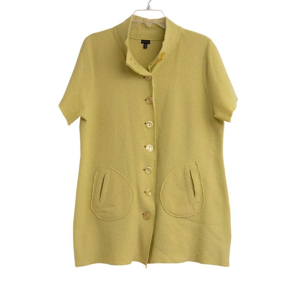 Madison 100% Wool Short Sleeve Jacket XL Chartreuse Lagenlook Eclectic Artsy